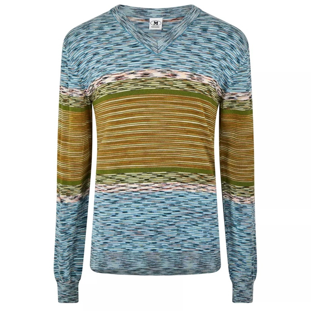 MISSONI - Mens V-neck Blue Wool Multi Color Sweater - Size M - MSRP $595 - BNWT